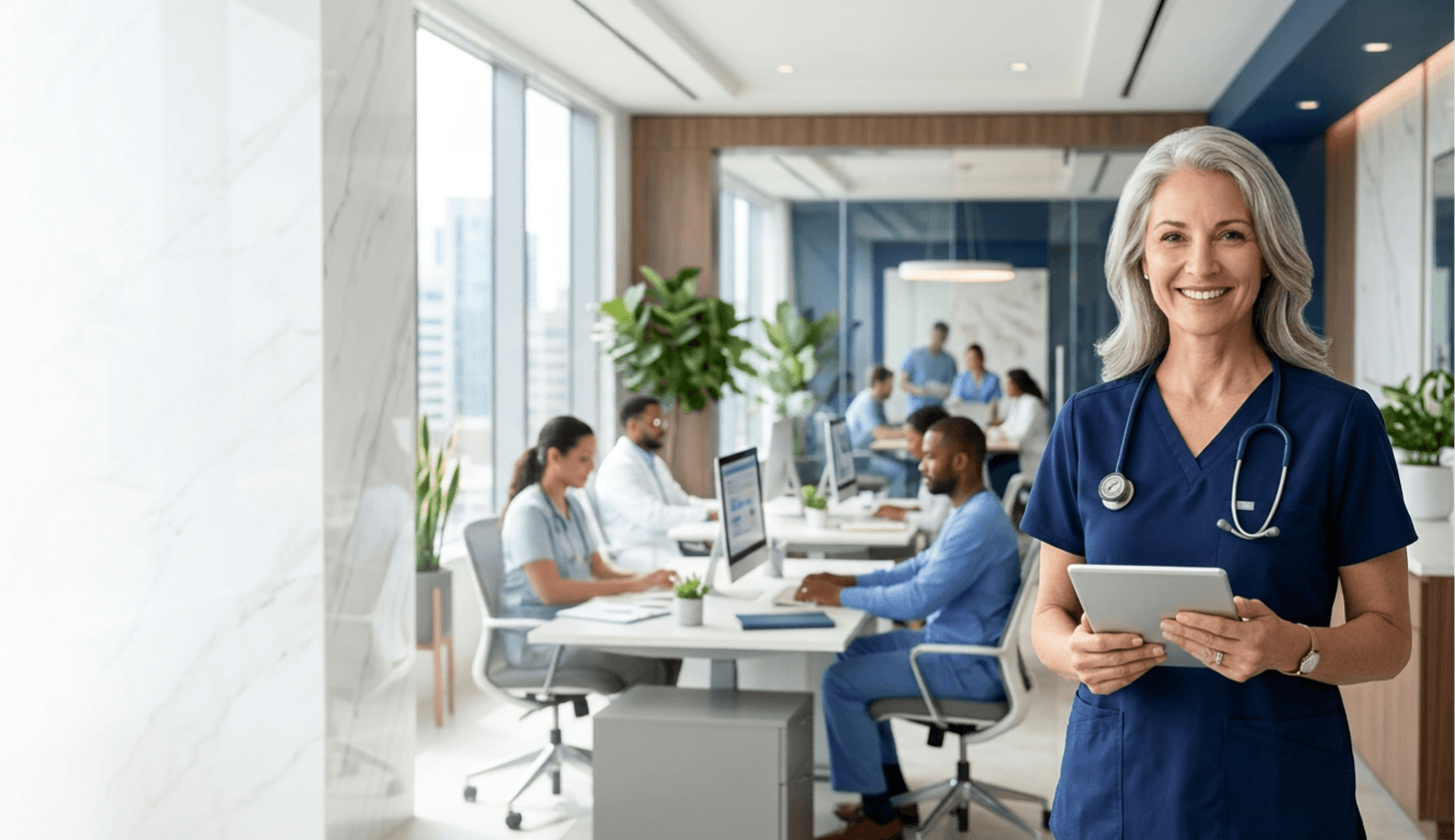 Professional healthcare administrator smiling while holding a tablet in a modern clinic office